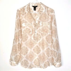 WHBM Medallion Print Sheer 1/2 Button Blouse
